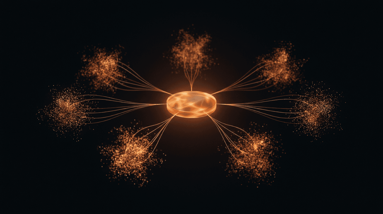 A glowing amber memory disc at the center connected by curved light filaments to six surrounding node clusters, representing shared memory across AI agents.