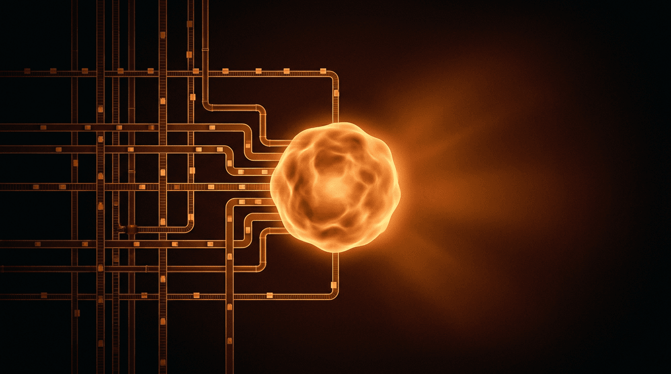 A rigid grid of glowing amber conveyor rails on one side contrasted with a single dense radiant organic node, representing mechanical routing versus real judgment.