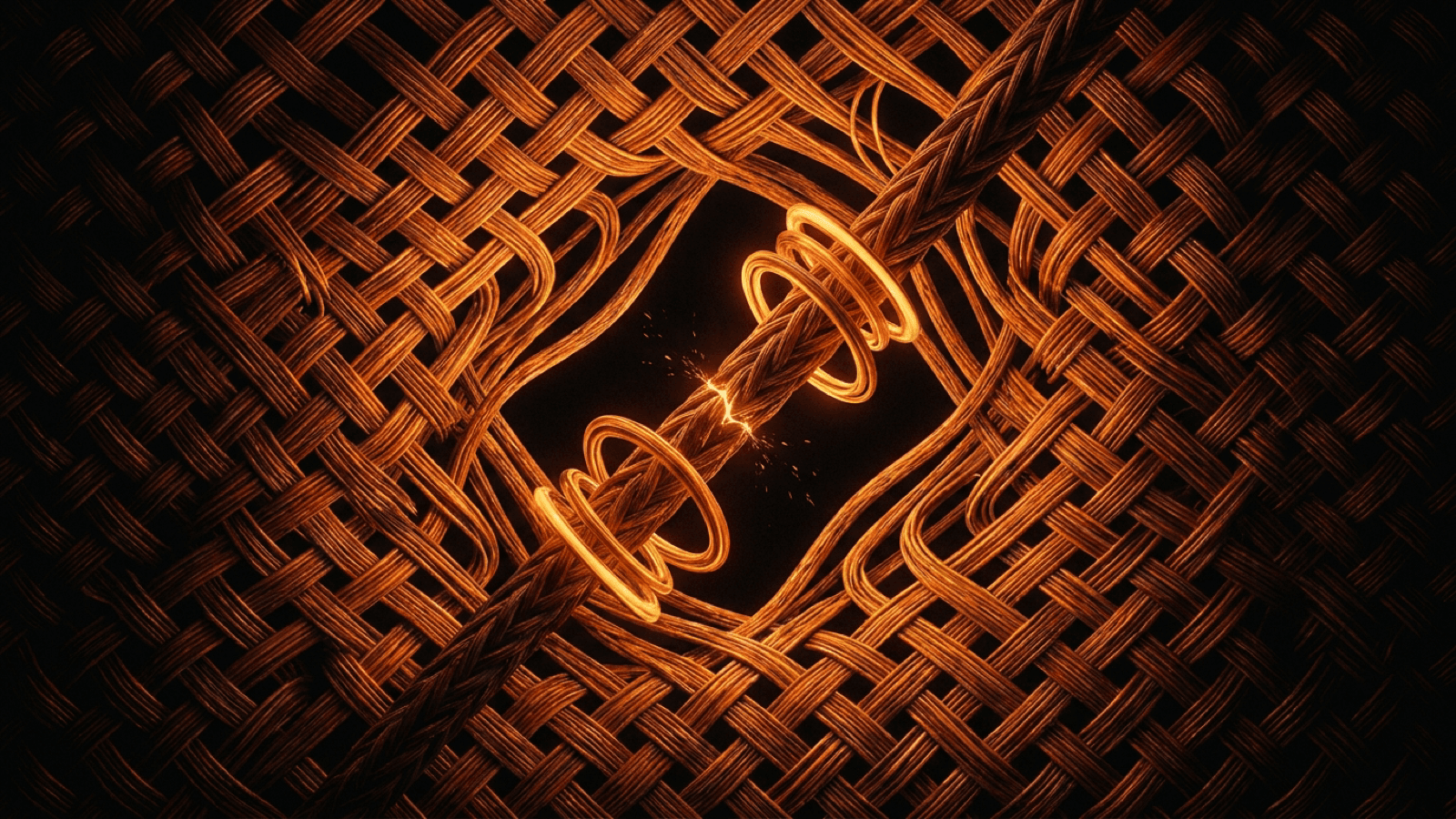 A woven amber lattice with one fractured joint being reinforced by glowing rings while the surrounding structure bows open rather than collapsing, representing operational resilience.