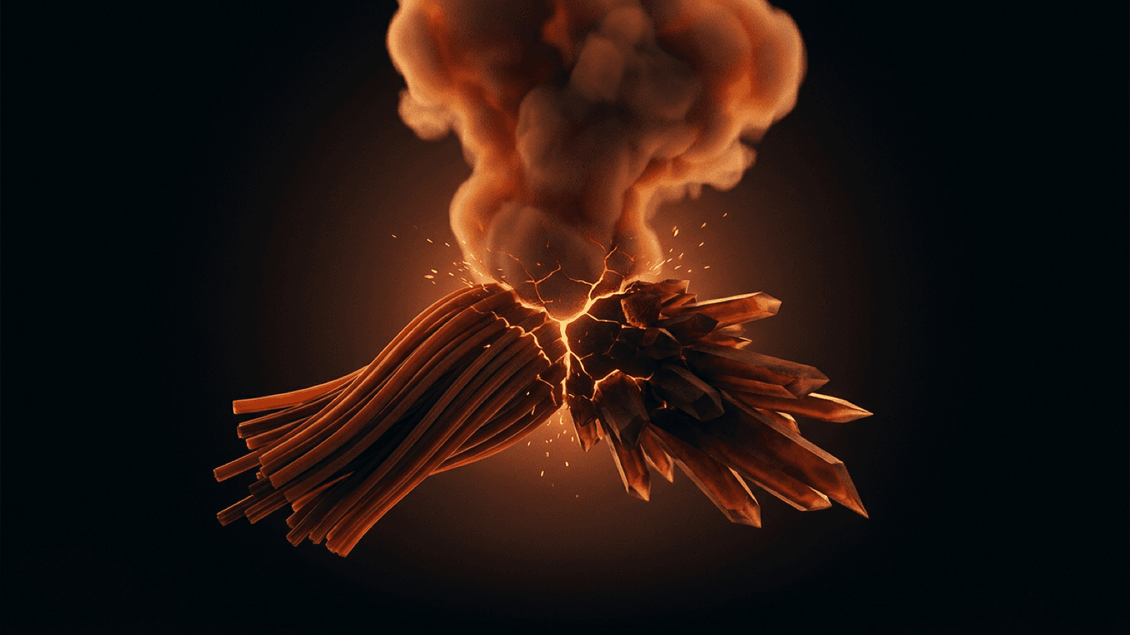Three distinct abstract amber forms — parallel ribbons, a billowing mass, and angular shards — converging at a single point with visible friction, representing productive disagreement.
