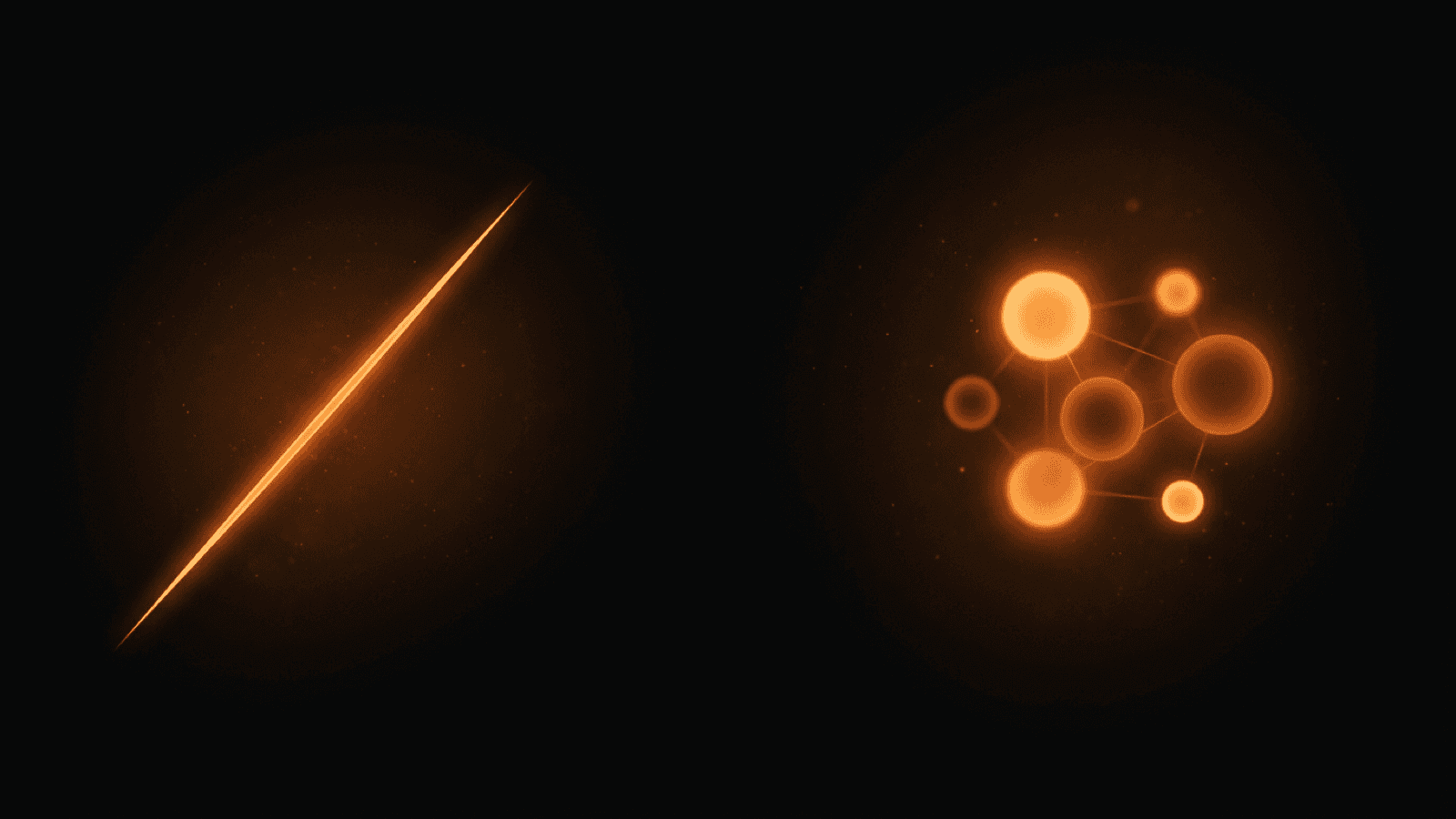 A single sharp diagonal beam of amber light contrasted with a small connected cluster of glowing orbs, representing a precise tool versus a coordinated team.