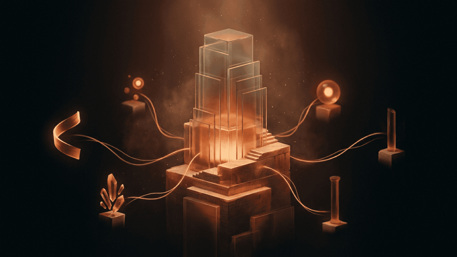 A painterly amber citadel connected by organic light threads to smaller satellite forms, representing a comprehensive map of interconnected AI product categories.