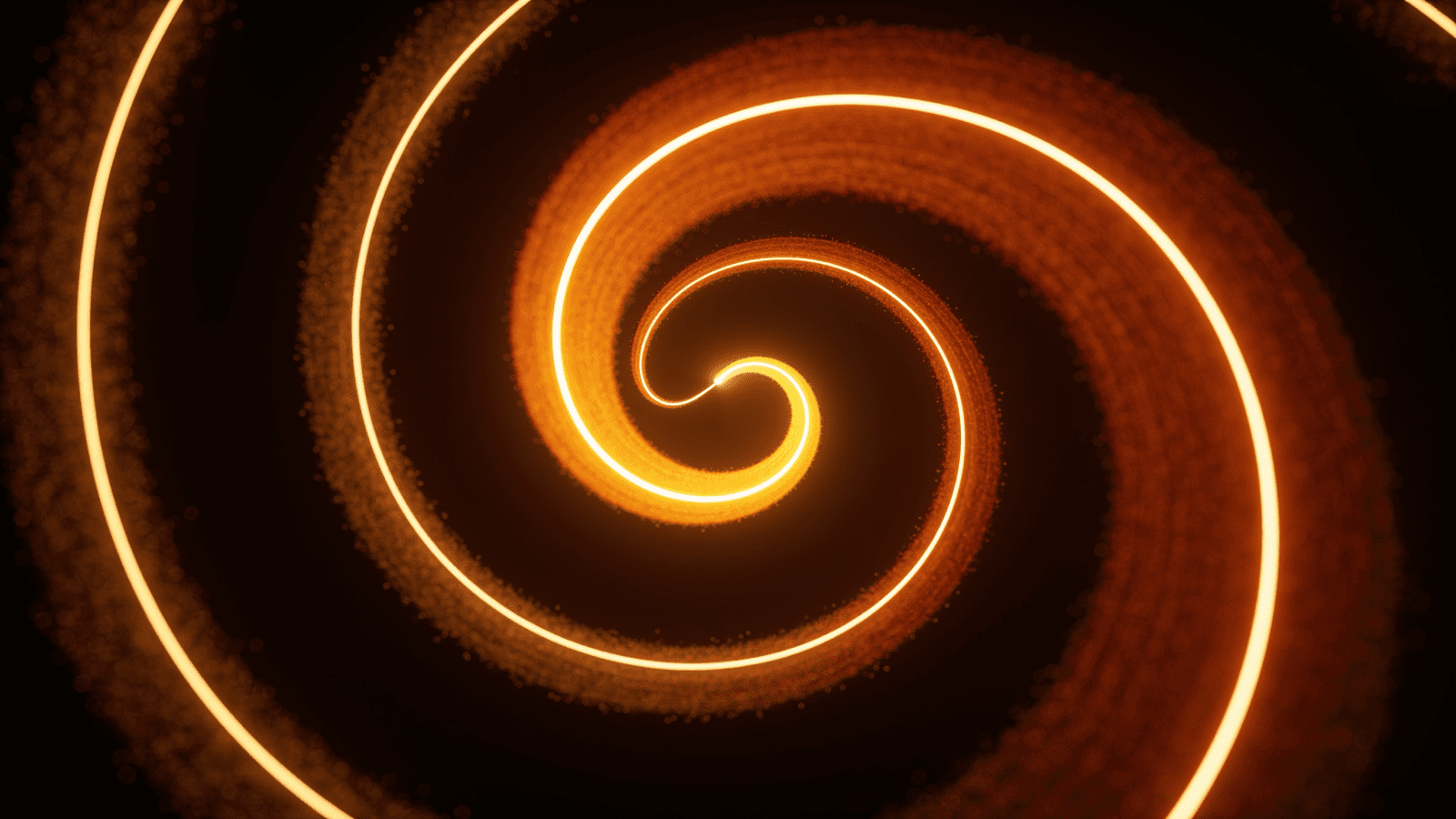 A small closed amber loop breaking open and spiraling outward into a larger nautilus-like accumulating form, representing escaping short-term memory.