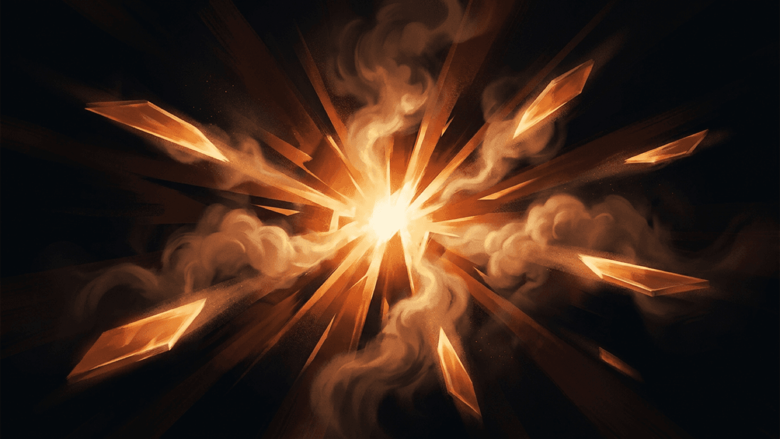A blinding amber-white burst erupting through near-black darkness with faceted shards drifting outward, representing a public launch moment.