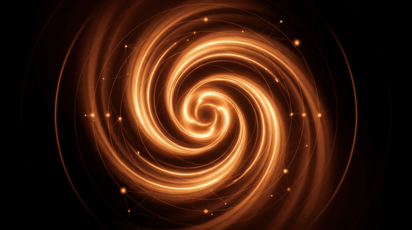Abstract glowing amber spiral flywheel with faint concentric echo rings and network nodes on a near-black background, representing a self-reinforcing weekly learning cycle.