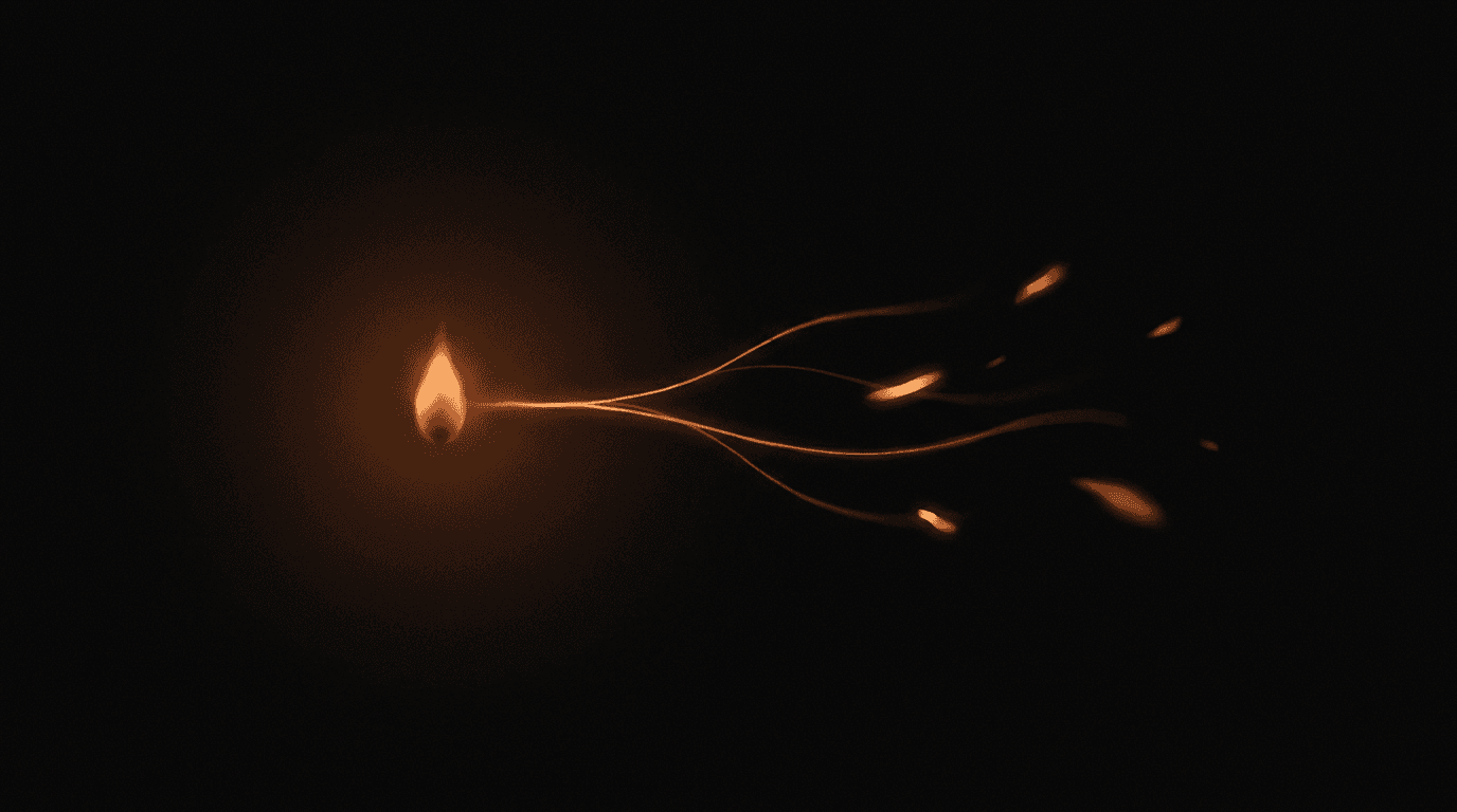A single warm ember on the left with fine threads branching into independent drifting amber sparks toward the right, representing control being handed off and distributed.